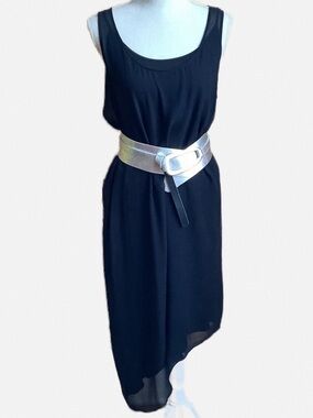 EILEEN FISHER Sheer Silk Georgette Layered Asymmetrical Black Dress Size M